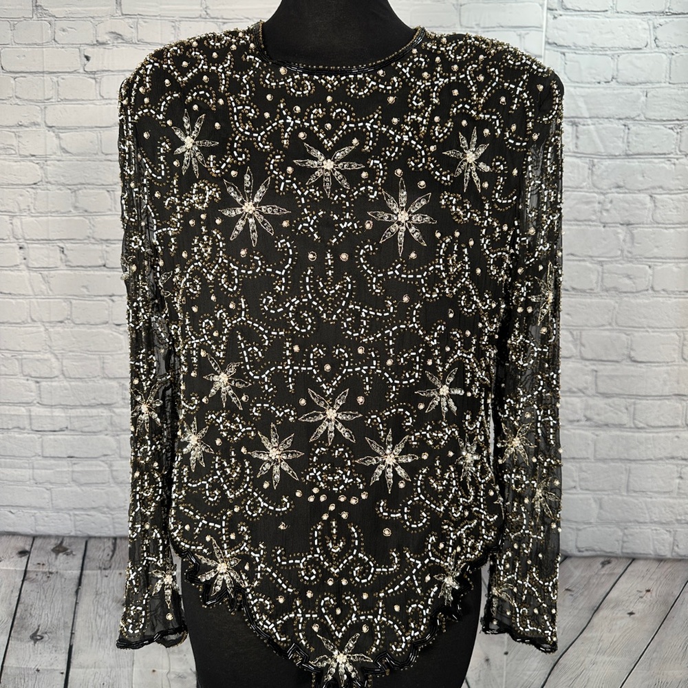 Vintage Lawrence Kazar Heavy Beaded Sequin Top Black Silver L/XL
